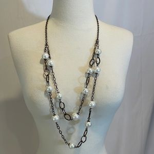 Chico’s Faux Pearl and large Chain double strand Necklace